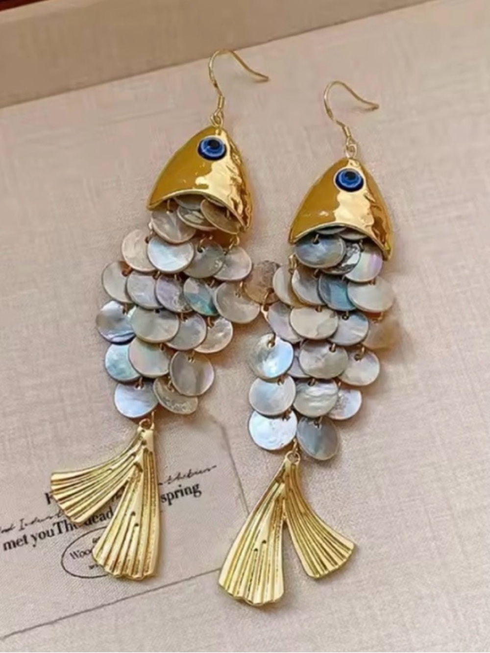 Anthropologie Gold Fish Drop Earrings with Blue Eye and Iridescent Shell Scales - Picture 2 of 2